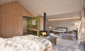 a bedroom with a bed and a fireplace in it at Herdade do Ananás in Ponta Delgada