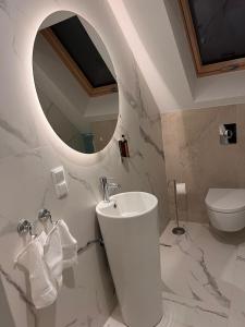 a bathroom with a sink and a mirror and a toilet at Kameralna Domki in Bystrzyca Nowa