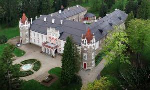 an aerial view of a large castle with turrets at Chateau Herálec Boutique Hotel & Spa by L'Occitane in Herálec