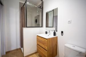 a bathroom with a sink and a mirror and a toilet at Le Carignan - 4 personnes - Proche des plages in Lapalme