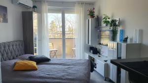 een slaapkamer met een bed, een televisie en een balkon bij Aida in Veliko Gradište