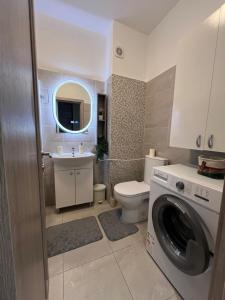 a bathroom with a toilet and a washing machine at RULU Studio Militari Residence Ballroom in Roşu