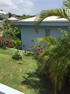 a blue house with a yard with plants and flowers at Résidence Lagon Kreyol Art in Le Gosier