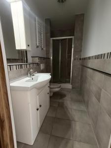 a bathroom with a sink and a toilet at Apartament na Kopernika in Augustów