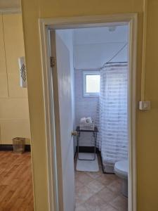 Un baño con inodoro y ventana. en alojamiento en punta arenas, en Punta Arenas