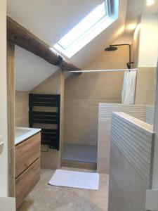 ein Badezimmer mit Dusche und Dachfenster in der Unterkunft Maison de Village Vexin site classé 1h Paris et Normandie grand jardin in Reilly