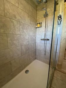 a shower with a glass door in a bathroom at La Petite Grande Maison près de Chauvigny in Fleix