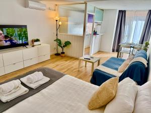 Una televisión o centro de entretenimiento en Estudio en Nogalera con piscina