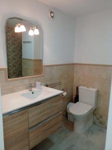 Un baño con inodoro, lavabo y espejo. en Apartamento El Castillo, en Fuengirola