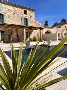 a plant in front of a house with a pool at Maison Roucas - Restaurant et chambres d'hôtes in Solérieux