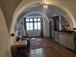 a kitchen and living room with an arched ceiling at Apartmany Antico in Mikulov