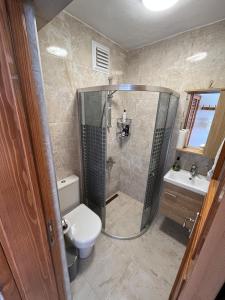 a bathroom with a shower and a toilet and a sink at Villa in Yalıkavak, Panoramic Sea View and Beach in Bodrum City