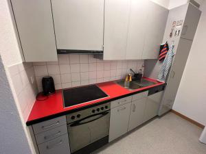 une cuisine avec des placards blancs et un comptoir rouge dans l'établissement Möbelierte Wohnung mit Balkon zwischen Bahnhof und St Jakob, à Bâle