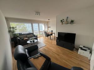 un salon avec un canapé et une télévision dans l'établissement Möbelierte Wohnung mit Balkon zwischen Bahnhof und St Jakob, à Bâle