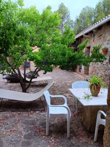 two white chairs and a table and a tree at Charming Farmhouse in Enguera, Spain with Private Pool and Mountain Views in Enguera