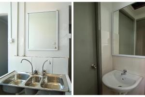 two pictures of a bathroom with a sink and a mirror at Hotel O Lm Residence in Miri