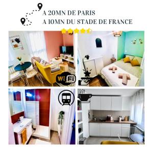a collage of four pictures of a room at Beautiful apartment near Stade de France and Paris in Saint-Denis +4 photos