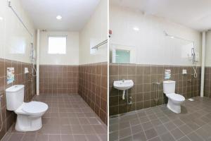 two pictures of a bathroom with a toilet and a sink at Hotel O Come Inn Premium in Kuala Terengganu +42 photos