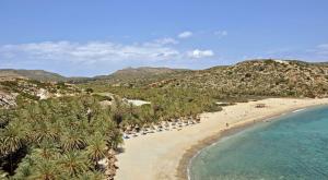 a beach with palm trees and a group of people at Philoxenia Rooms in Palekastron