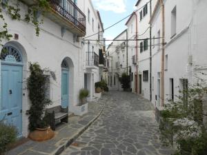 an alley with white buildings and a blue door at Apartamento Poal-Cadaques in Cadaqués