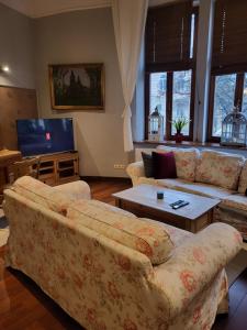 a living room with two couches and a tv at Charlotte Apartment in Tarnów