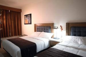 トレオンにあるHotel Grand Lionのベッドが2つと窓があるホテルの部屋