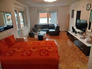a living room with a bed and a couch at VILA RUŽA - Grand apartman 2 in Soko Banja