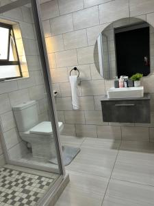 Un baño con inodoro, lavabo y espejo. en Okuhle guesthouse, en Mahlakwena