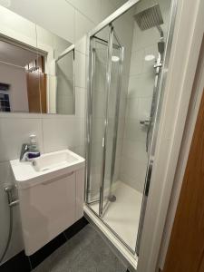 un baño con ducha y lavabo en Beautiful 5 bedroom house in central london, en Londres 9 fotos más