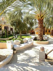 a courtyard with white couches and palm trees at Meddur Siwa Oasis in Siwa
