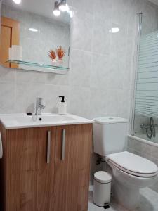 a bathroom with a toilet and a sink and a mirror at Alcossebre APARTAMENTO ALANDALUS PLANTA BAJA in Alcossebre