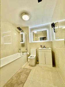 a white bathroom with a toilet and a sink at City View Apartments in Manchester +17 photos