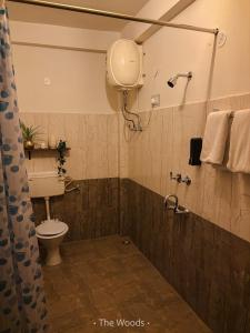 a bathroom with a toilet and a shower at The Woods - Tirthan Valley in Gushaini