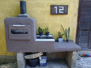 a stone oven with plants on a yellow wall at Recanto alegria in São Roque