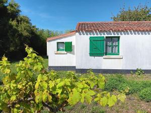 a white house with green windows and a bush at Maisonnette individuelle proche centre pour 2 personnes avec jardin privatif - FR-1-476-5 in La Faute-sur-Mer