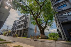 三星郷にあるThe tree villaの椅子と木が置かれた建物が通りにある