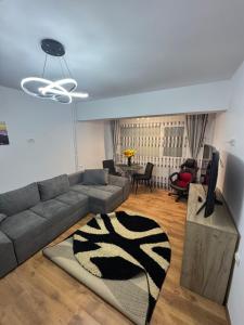 una sala de estar con un sofá y una alfombra en Apartament CITY MALL, en Constanţa