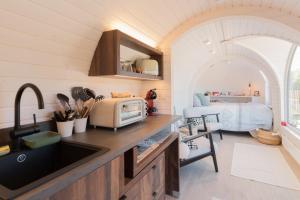 a kitchen with a sink and a bed in a room at La Cachottiere in La Bastide-Pradines