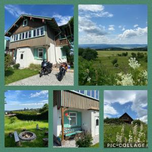 a collage of pictures with a house and a motorcycle at Villa Parkblick Wohnung 2 in Oberhof