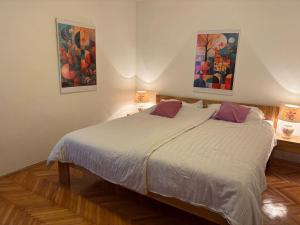 ein Schlafzimmer mit einem Bett mit zwei Gemälden an der Wand in der Unterkunft Stone Apartment Primosten in Primošten