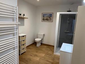 a small bathroom with a toilet and a shower at Appart Cosy II in Hesdin