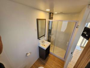 a bathroom with a sink and a shower at Villa Björkhagen in Jönköping +23 photos