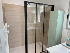 a shower with a glass door in a bathroom at gîte Armandine - séjour paisible au coeur du Tarn proche de Cordes-sur-Ciel in Cahuzac-sur-Vère +4 photos