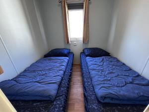 twee bedden in een kleine kamer met een raam bij RBR 662 - Beach Resort Kamperland in Kamperland +23 foto's