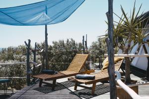 塞尔察Olive Garden ranch的木制甲板上的两把椅子和一把遮阳伞