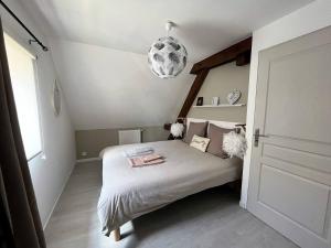 ein Schlafzimmer mit einem Bett und einer Hängeleuchte in der Unterkunft Gite La Glycine, Moderne Tres Propre 3 Lits in Soultz-Haut-Rhin