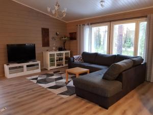 a living room with a couch and a tv at Lomahuvila Metso in Siikainen