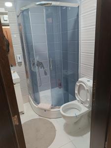 ニシュにあるCentral Parkのトイレとガラスのシャワー付きのバスルーム