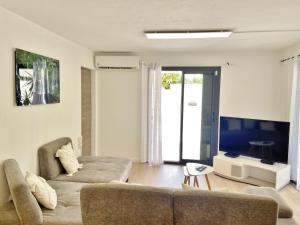 un soggiorno con un divano e una TV di Villa Evasion a L'Ermitage-Les-Bains