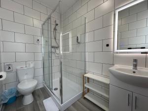 a bathroom with a shower and a toilet and a sink at The Royal Clarence Hotel (on the Seafront) in Burnham on Sea +72 photos